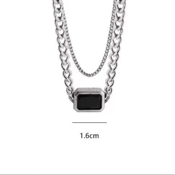 💎Black Rectangle Stone Titanium Steel Necklace Chain Double layer thick silver - Picture 3 of 10